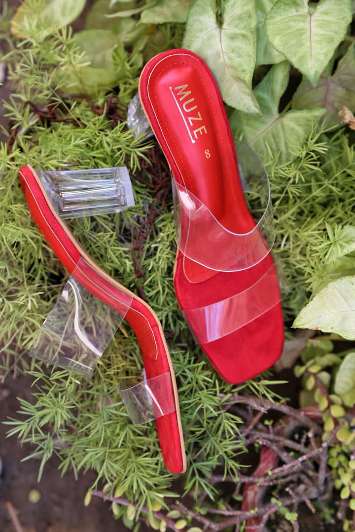 Red Crystal Heeled Sandals With Vinyl 